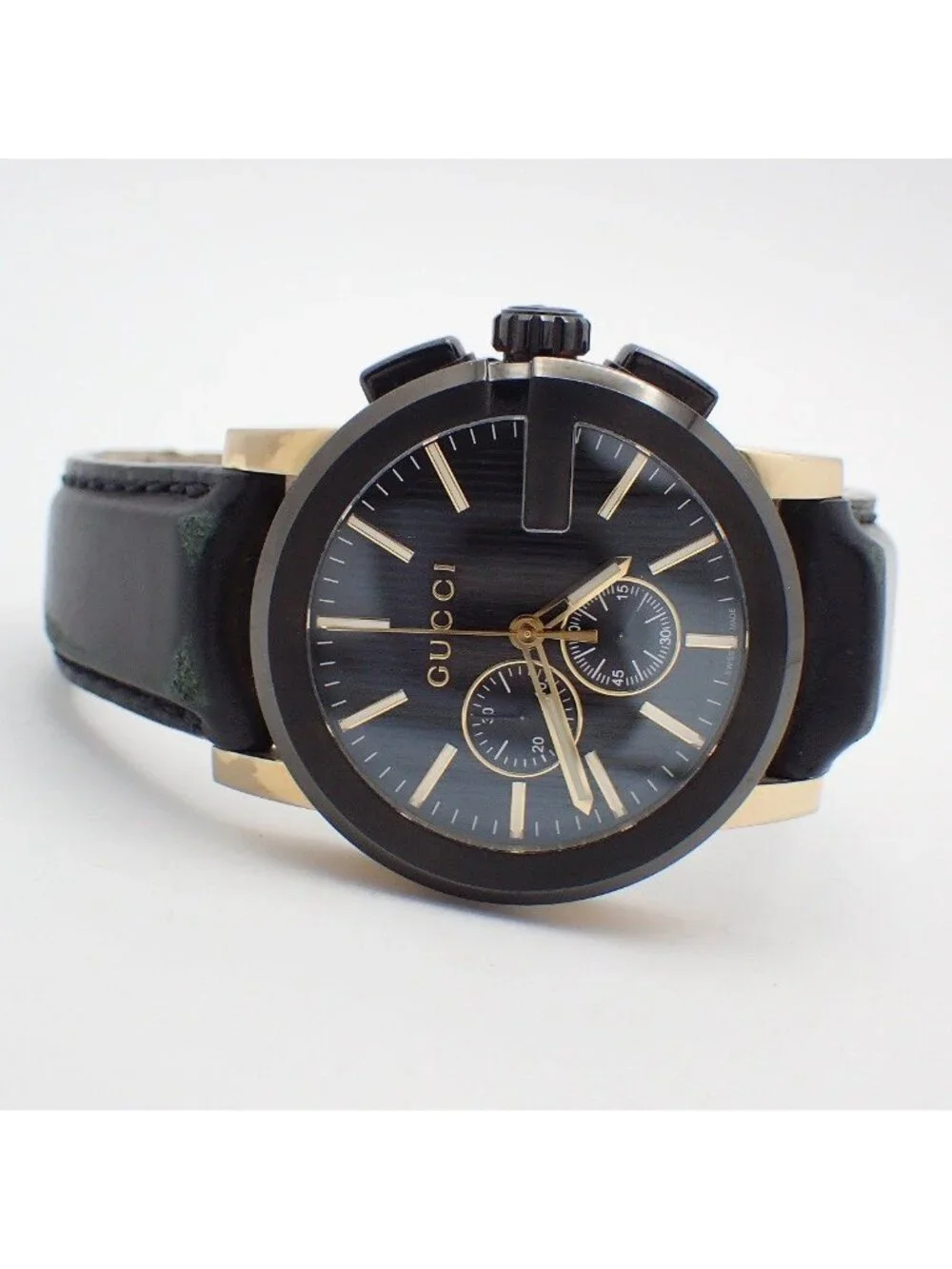 Gucci 101.2 Chronograph Quartz Watch Gold Black Dial Leather Strap Pawn